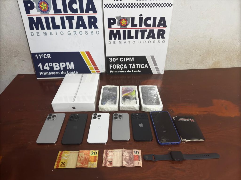 Polícia Militar recupera iPad e celulares roubados de uma loja de produtos Apple em Primavera do Leste.