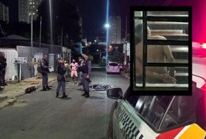 Viatura policial em frente ao local do crime no bairro Canjica, Cuiabá