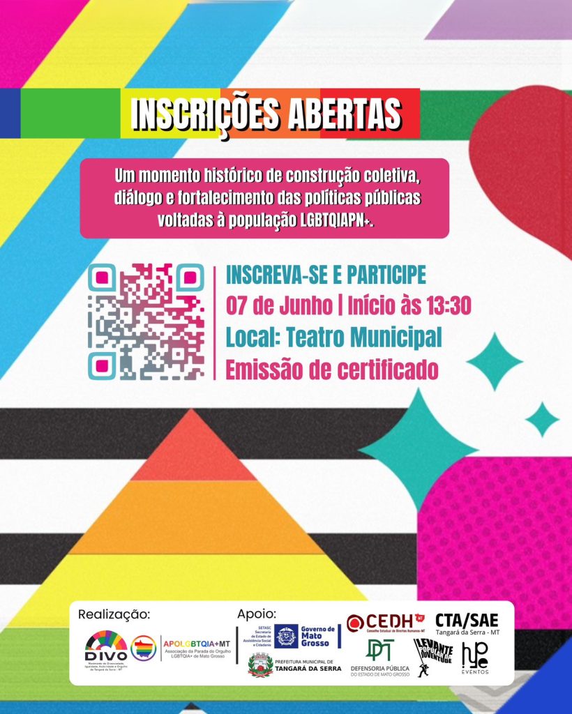Cartaz da 1ª Conferência LGBTQIA+ em Tangará da Serra com detalhes do evento