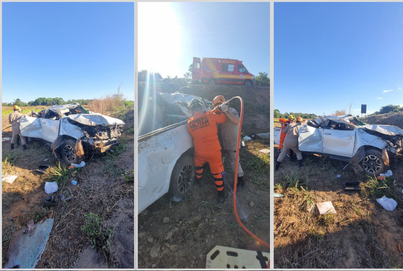 Hilux destruída após capotamento com família na BR-158