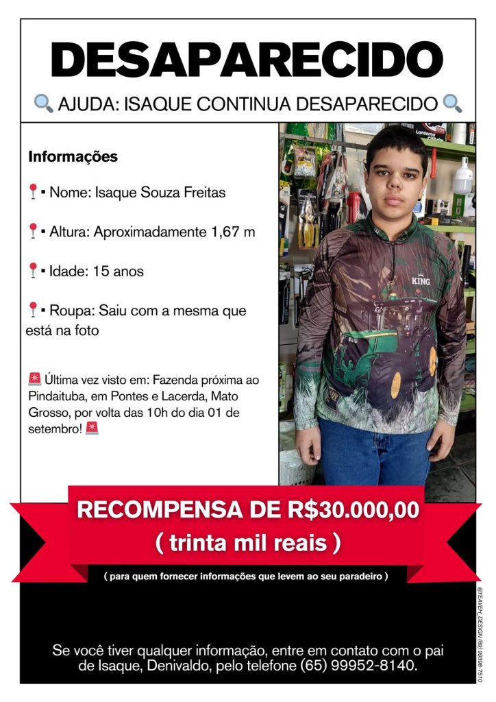 Equipes de busca procuram Isaque Souza Freitas, desaparecido em Pontes e Lacerda.