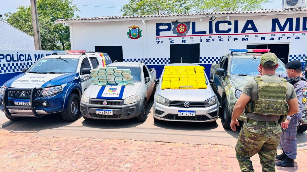 Veículos e drogas apreendidos na Operação Voluntas Legis pela Polícia Militar de Barra do Bugres.