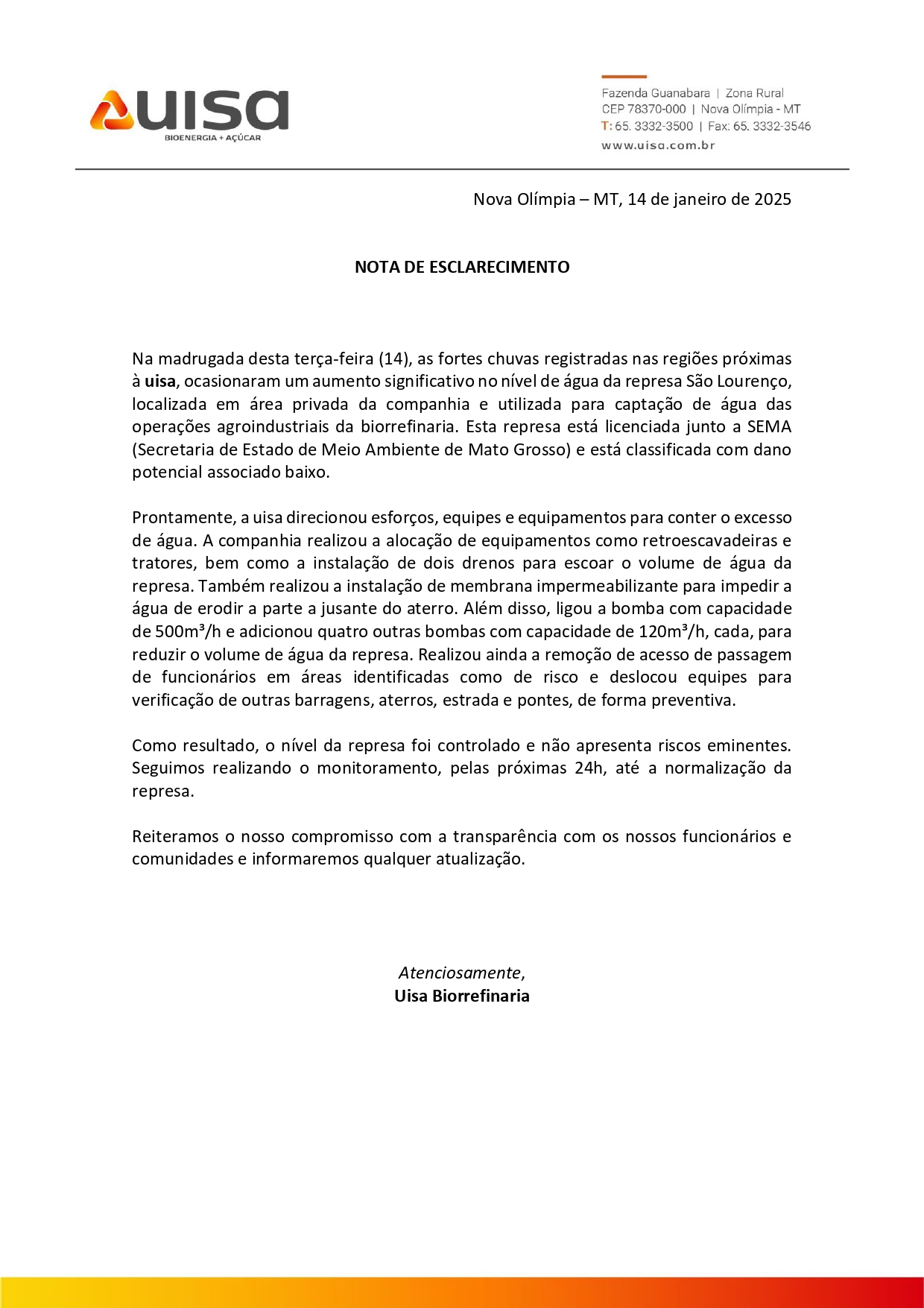 Nível da represa São Lourenço controlado após chuvas intensas em Tangará da Serra.