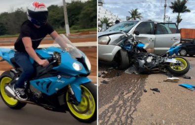 Motocicleta destruída em acidente fatal na BR-070 com influenciador Guilherme Dantas.