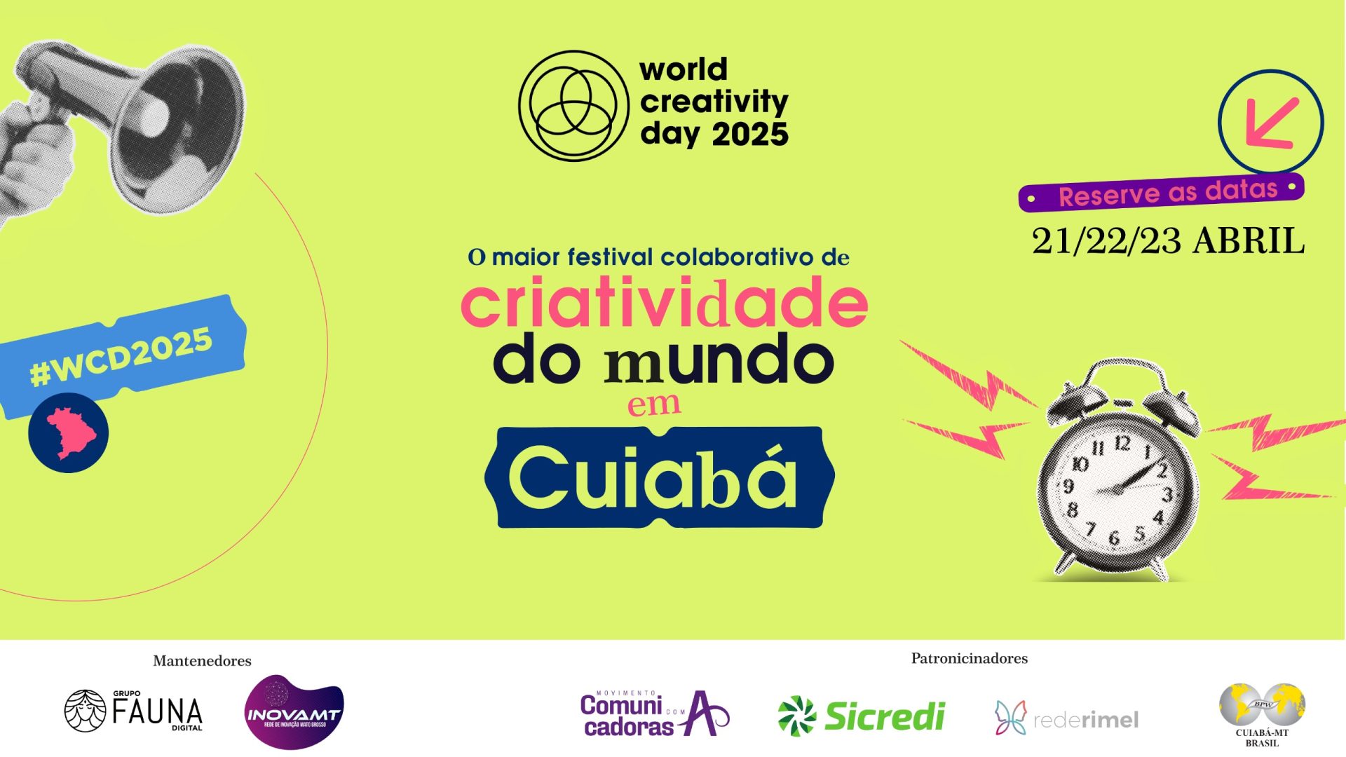 Banner do World Creativity Day Cuiabá 2025 destacando a inovação no Centro-Oeste.