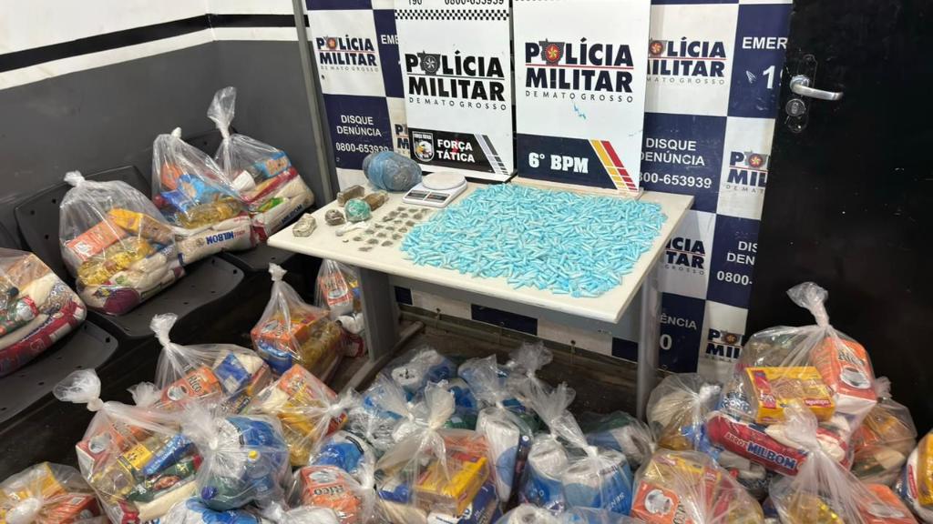 Apreensão de drogas e cestas de facção pela Polícia Militar em Cáceres