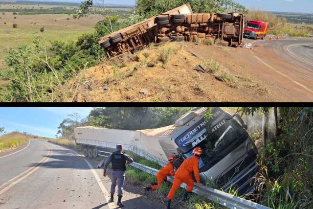 Caminhões tombados com milho espalhado na pista na Serra de Deciolândia