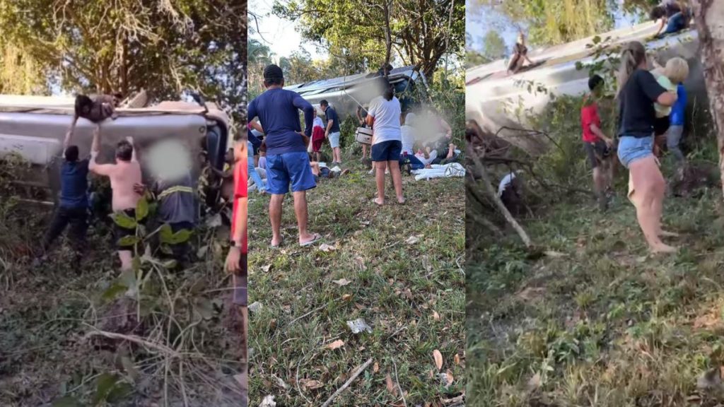 Micro-ônibus cai de ribanceira na BR-364 em Santo Antônio de Leverger