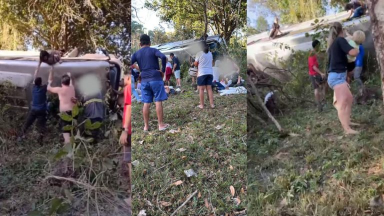 Micro-ônibus cai de ribanceira na BR-364 em Santo Antônio de Leverger