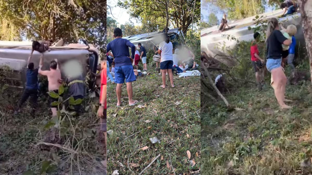 Micro-ônibus cai de ribanceira na BR-364 em Santo Antônio de Leverger