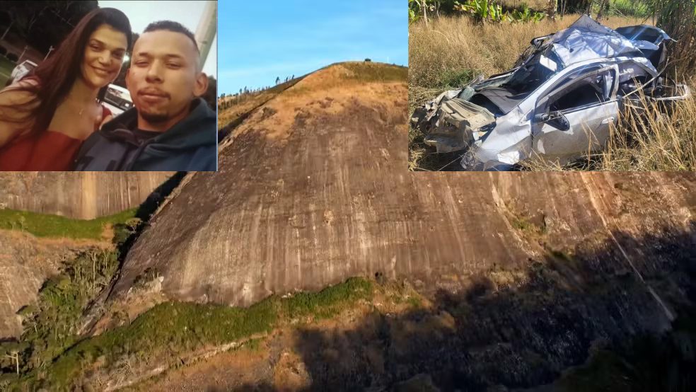 Carro destruído após casal morrer em queda de paredão