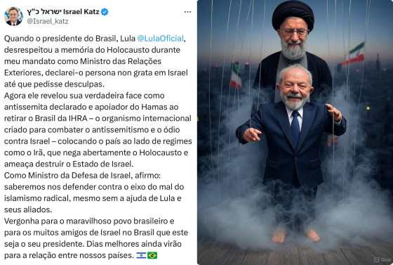 imagem com lula representado como marionete do líder supremo do irã, ali khamenei