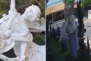 Mulher invade igreja e derruba imagem de São Miguel Arcanjo